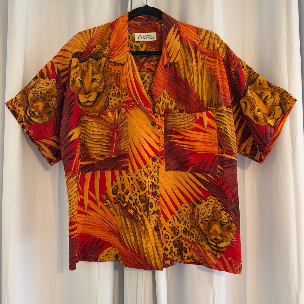 Vintage 100% Silk Jungle Leopard Print Camp Shirt Women’s 10